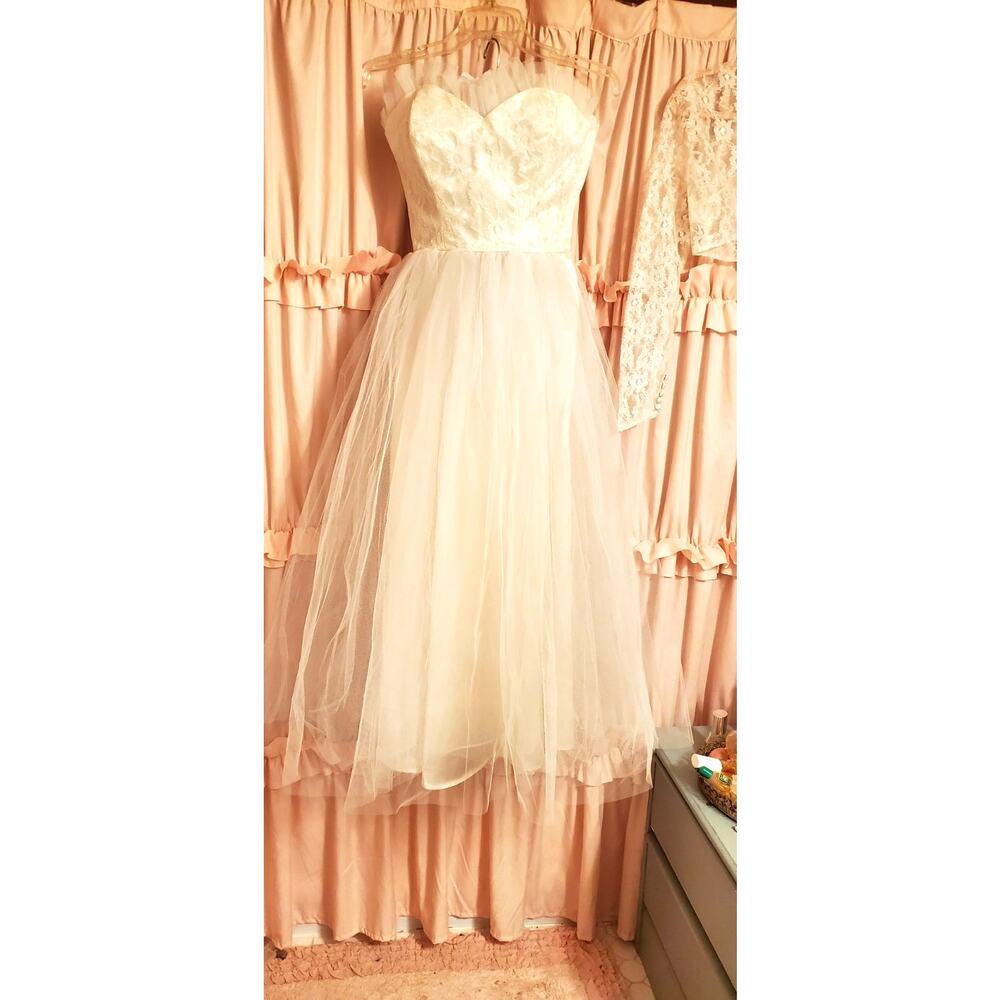 VTG 50s Alfred Angelo Tea Length Strapless Cupcake Ballgown Wedding w/Bolero